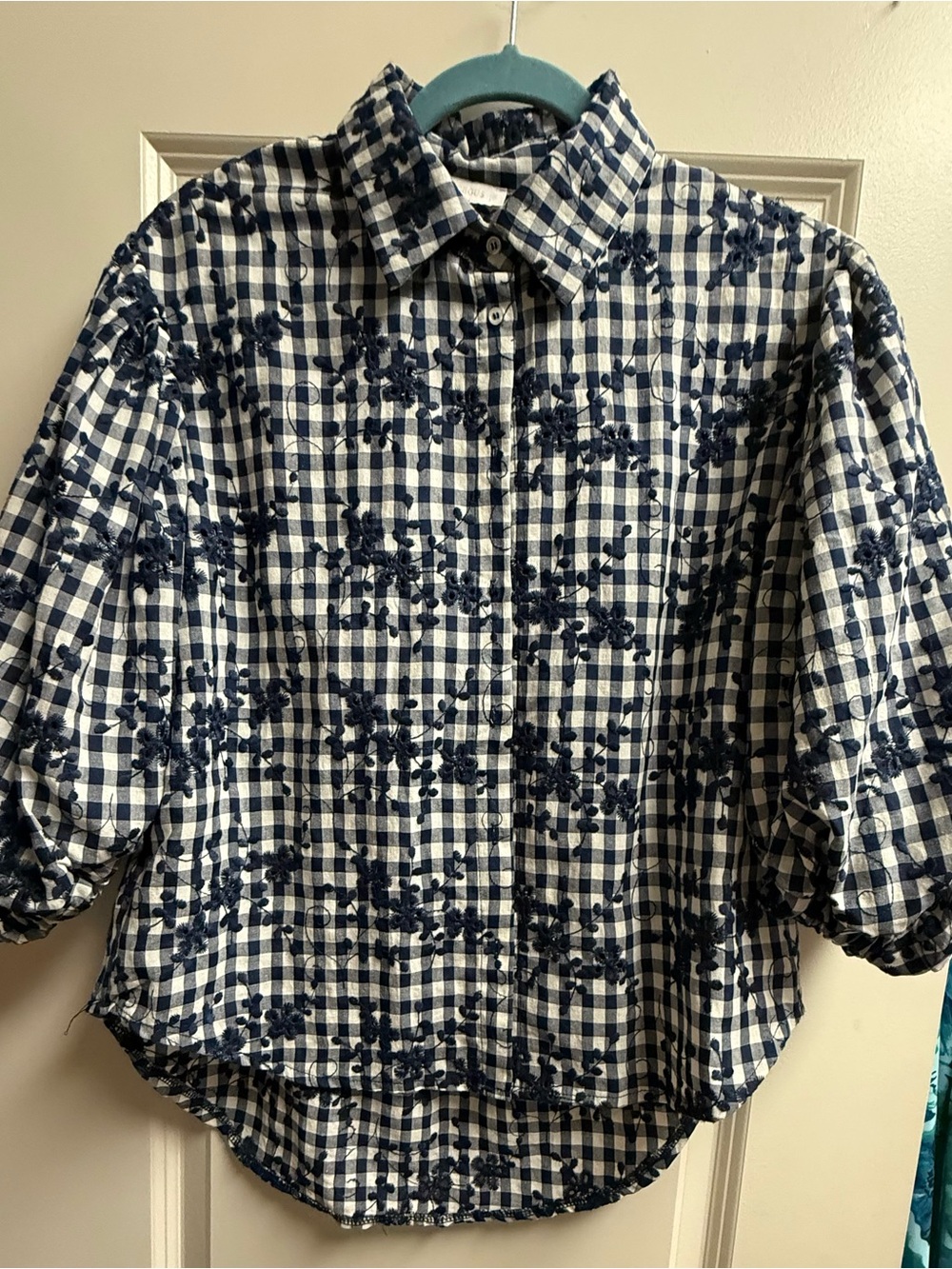 Olivaceous Navy & White Gingham Floral Embroidered Button-Up Shirt